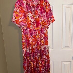 Umgee Pink and Orange Ruffled Tiered Dress tie neck medium
